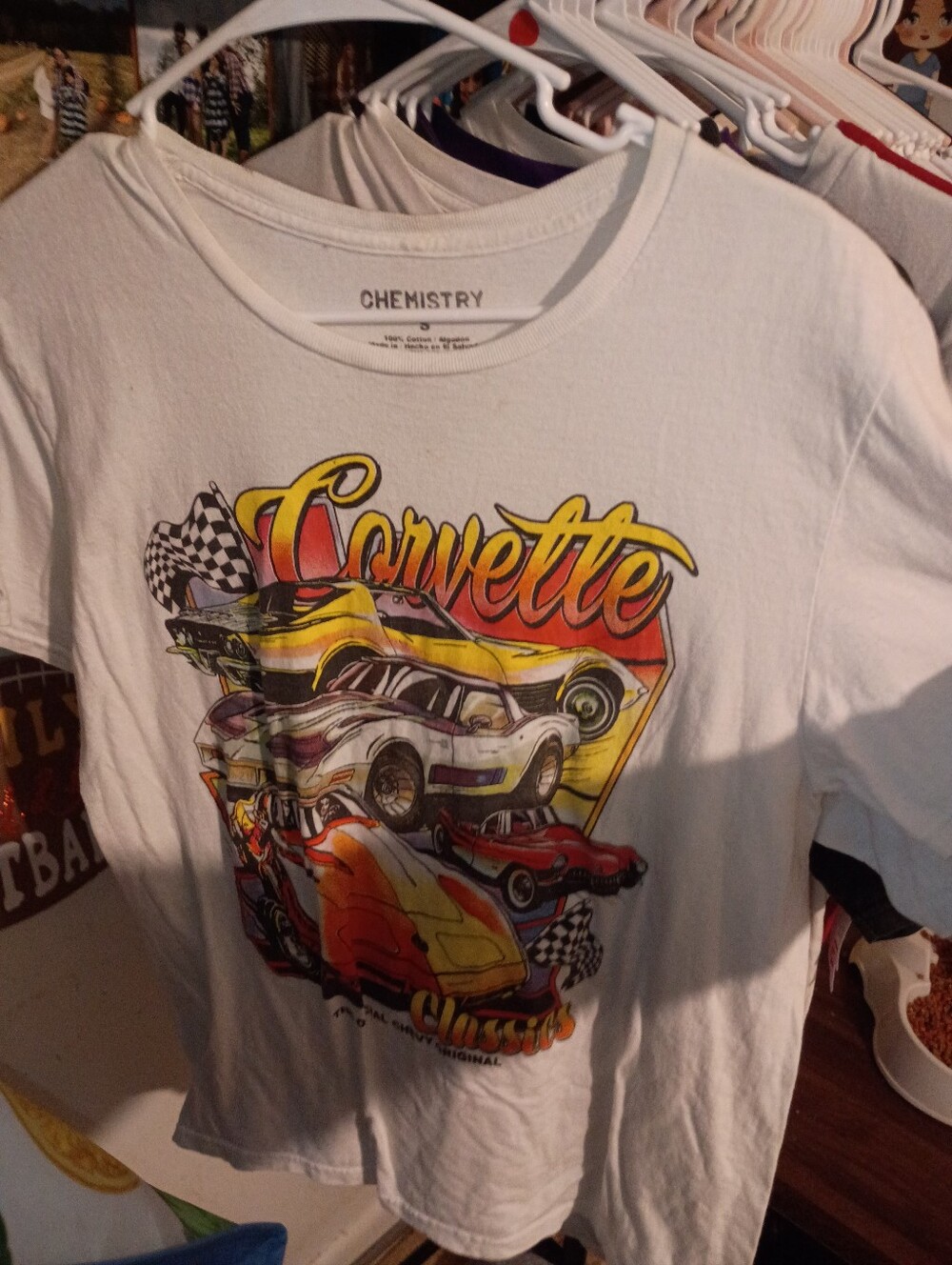 Chemistry White Corvette Graphic Tee with Yellow, Red and Black Accents-0558